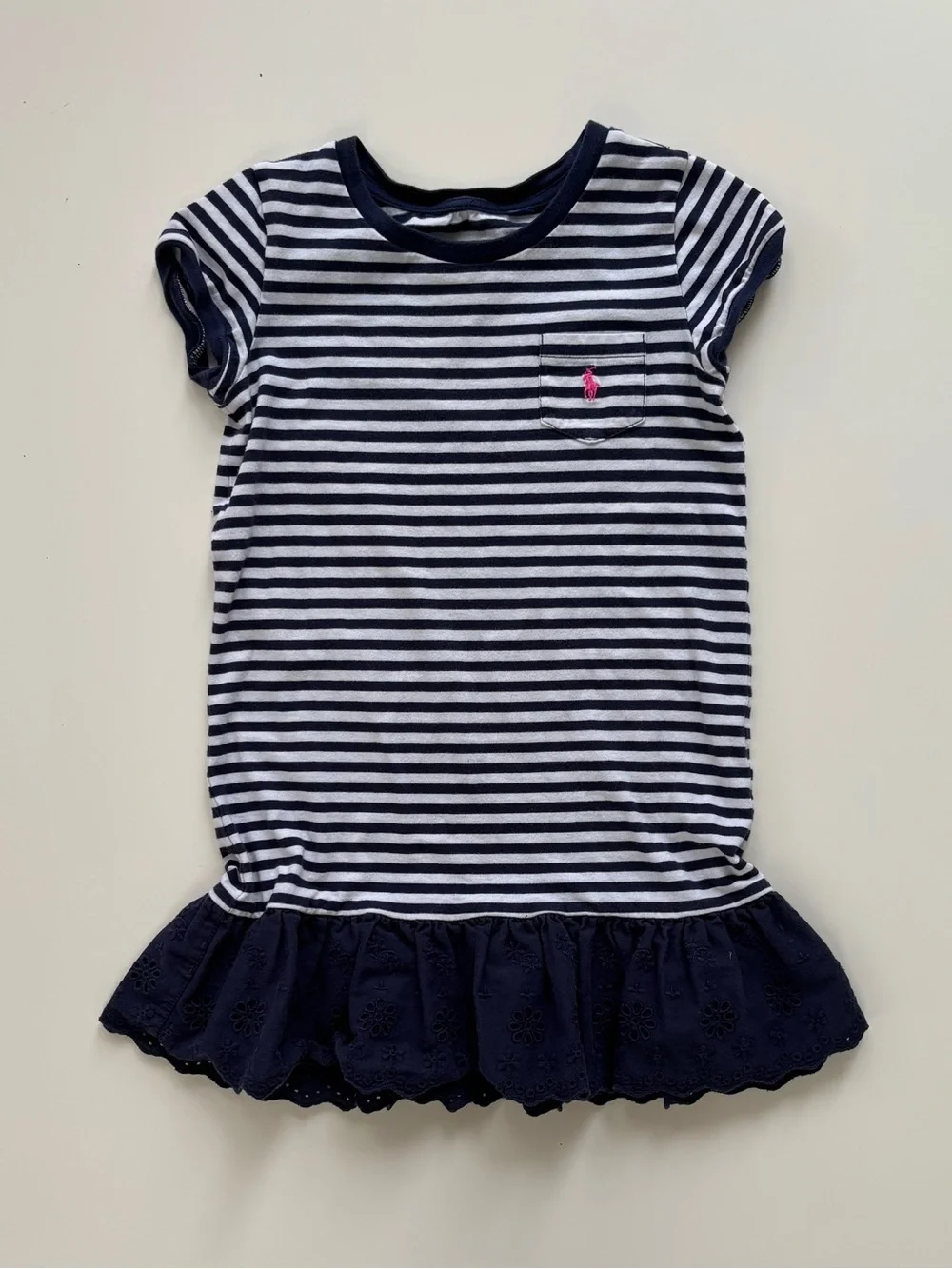 Ralph Lauren Pink Sleeveless Polo Romper and Navy Striped Tee Dress Set